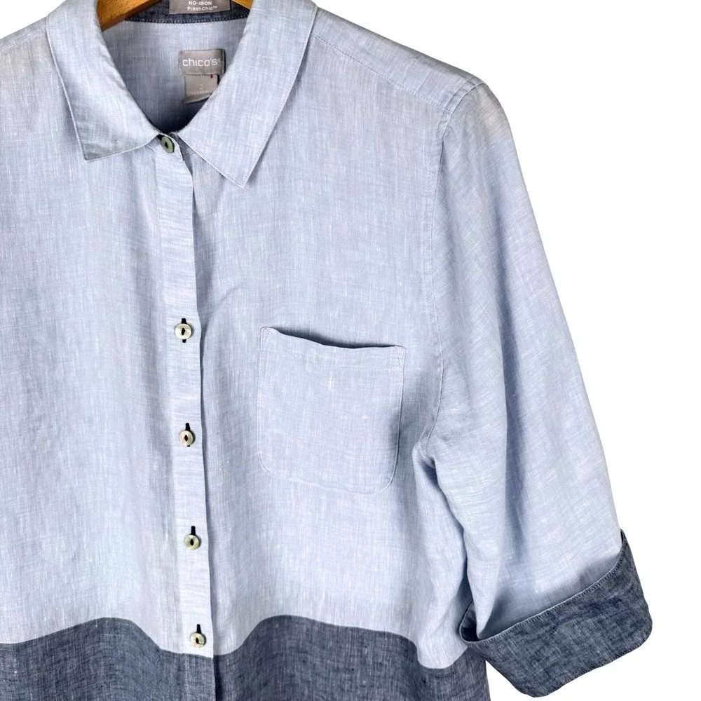 Chicos No-Iron FreshChic Linen Colorblock Button Up Shirt Womens 2 Large Blue - Picture 2 of 5